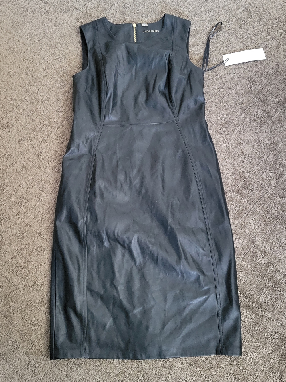 Calvin Klein Black Faux Leather Midi Sheath Dress